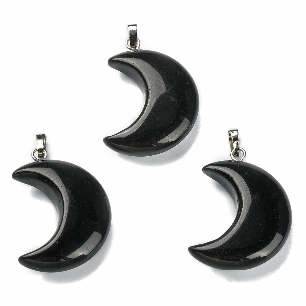 4228 5Pcs Crescent Moon Obsidian Gemstone Charm Pendants with Platinum